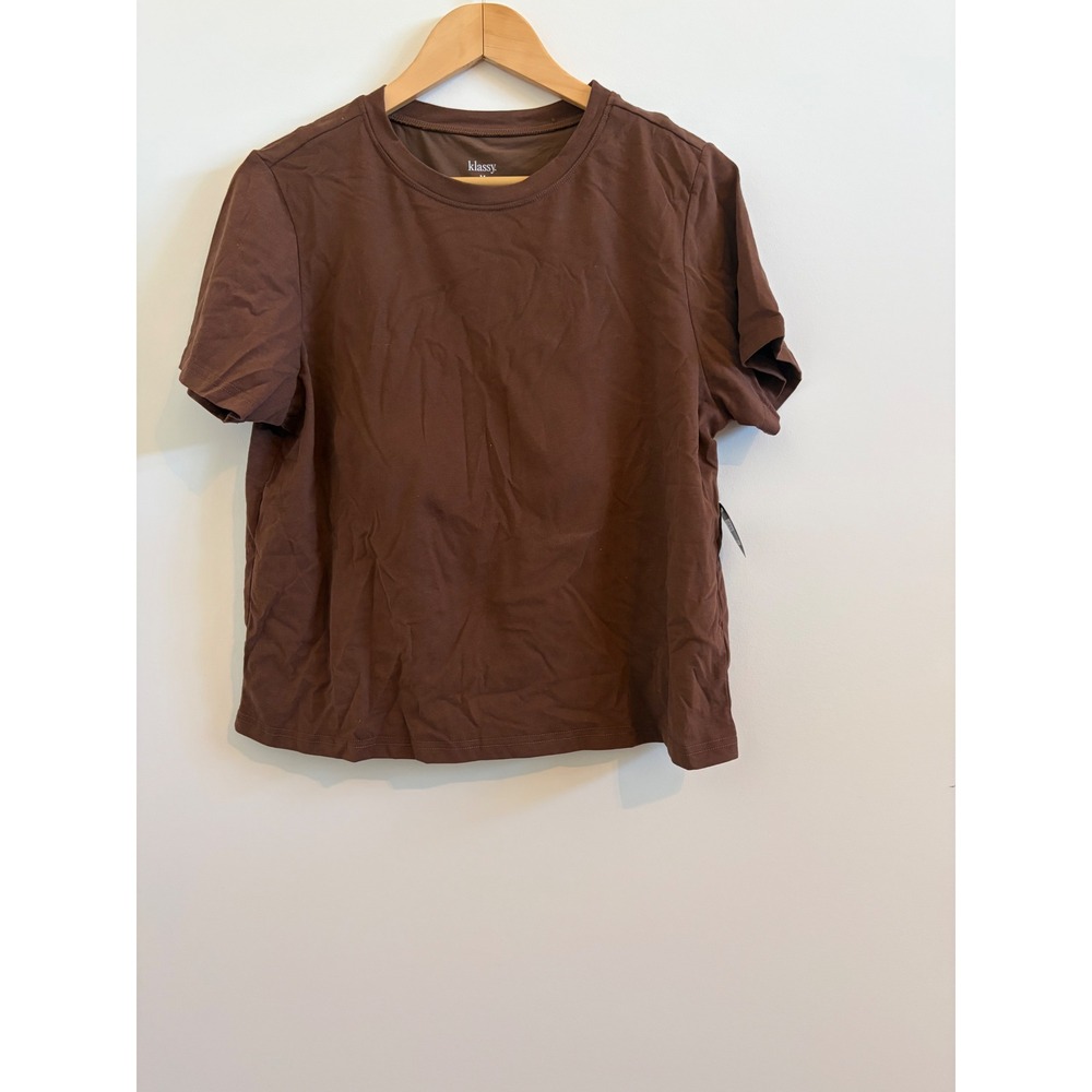 Klassy Network Brown Cotton Short Sleeve Brami Tee Built-in Bra Size M NEW